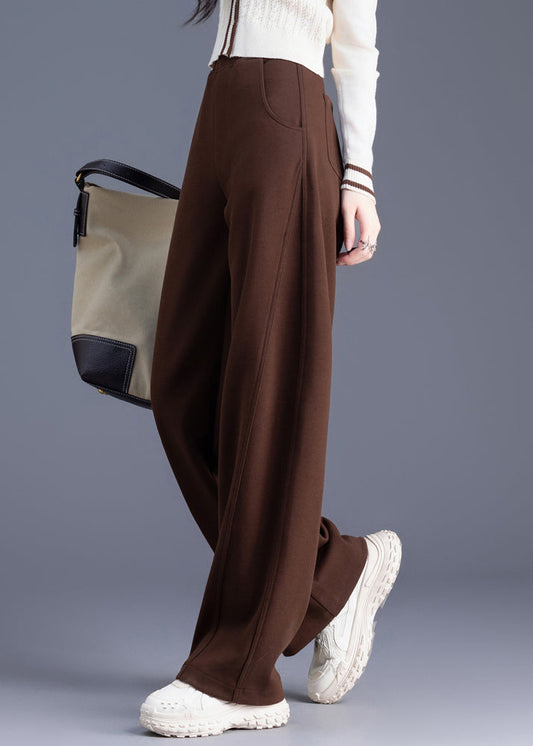 Coffee Pockets Elastic Waist Warm Fleece Pants