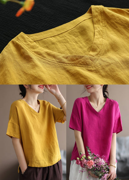 Classy Yellow V Neck Patchwork Linen Tops Short Sleeve