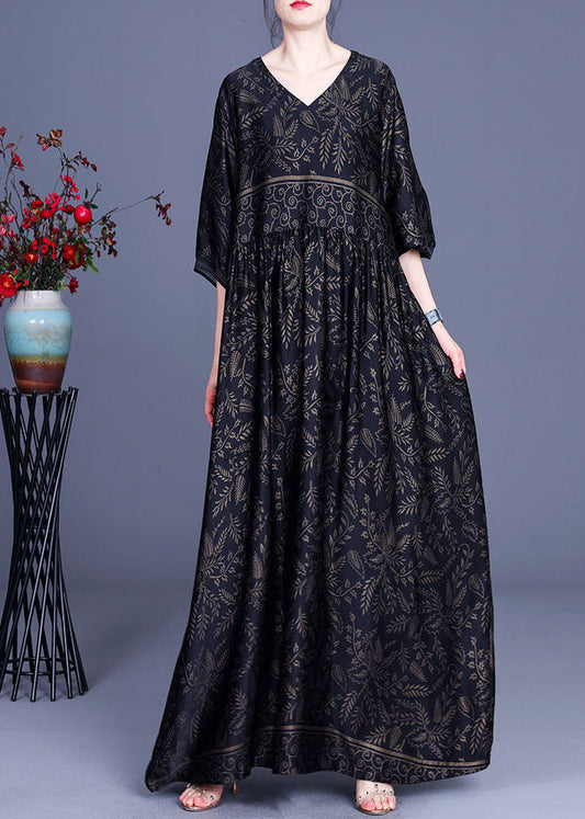 Style Black Print Silk Party Long Dresses Spring