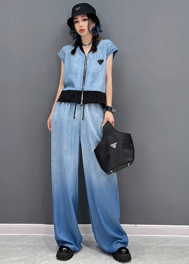 Blue Up V Neck Zip Coats and Long Pants Two Piece Set Summer