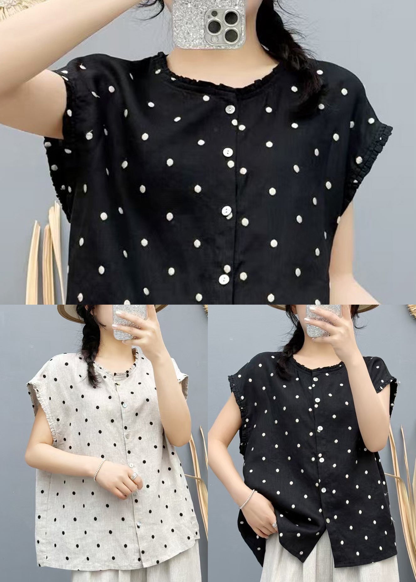 Beige Dot Linen Beach Vest Oversized Sleeveless