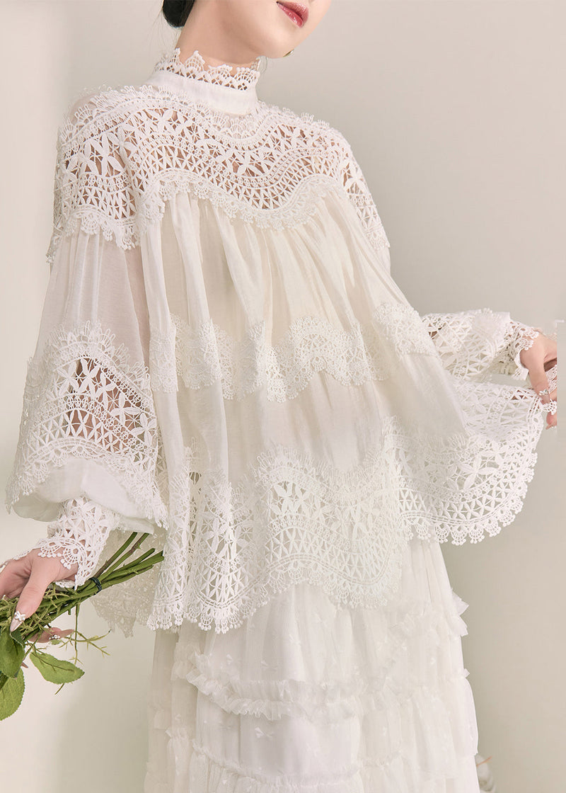White Turtleneck Hollow Out Lace Top Fall