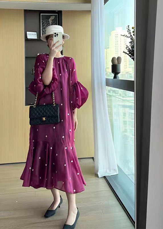 Purple O-neck Ruffled Patchwork Long Dresses Puff Sleeve