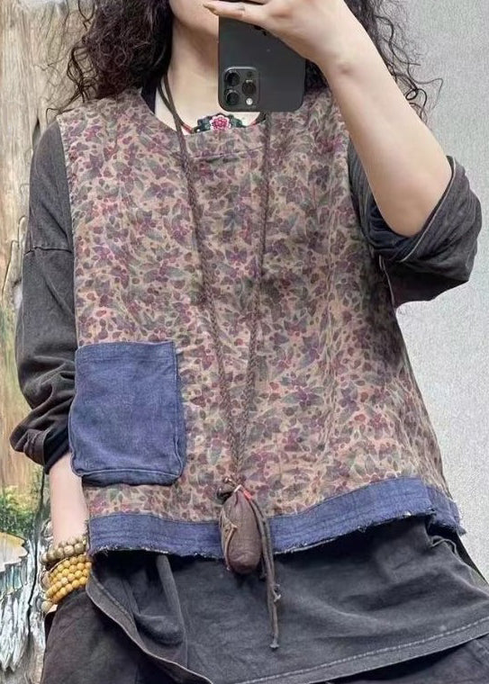 Blue O-neck Print Pockets Linen Waistcoat Sleeveless