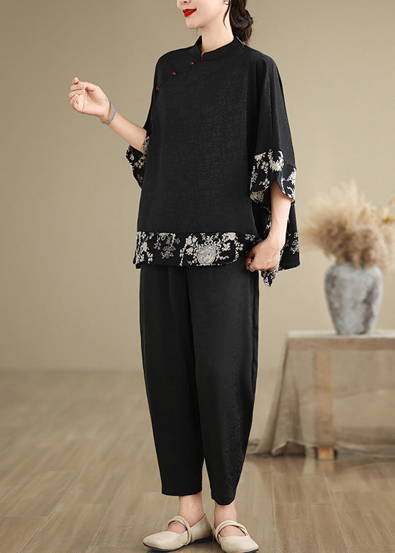 Black Mandarin Collar Patchwork Silk Shirt Summer