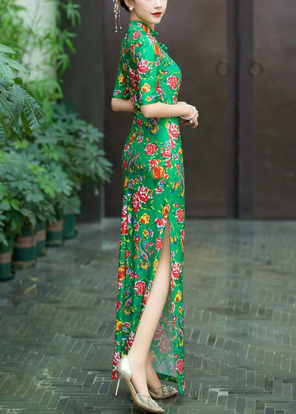 Green Side Open Cotton Dress Stand Collar Short Sleeve