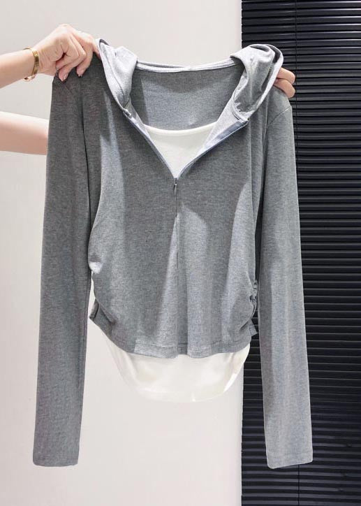 Style Sky Blue Hooded Patchwork Cotton Fake Two Piece Sweatshirt Fall