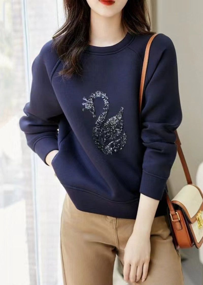 Grey O Neck Sequins Cotton Sweatshirt Spring