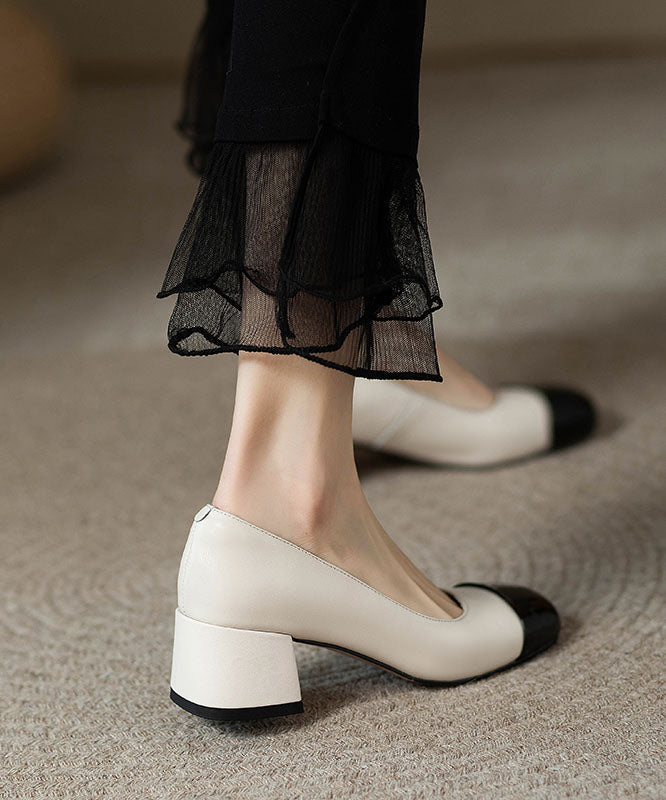 French Beige Splicing Chunky Heel Loafers for