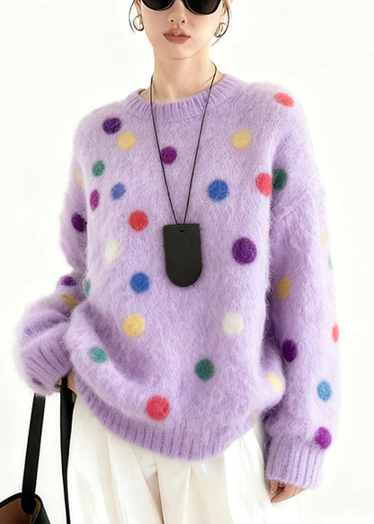 Purple Oversized Multicolour Dots Knit Sweater Tops Winter