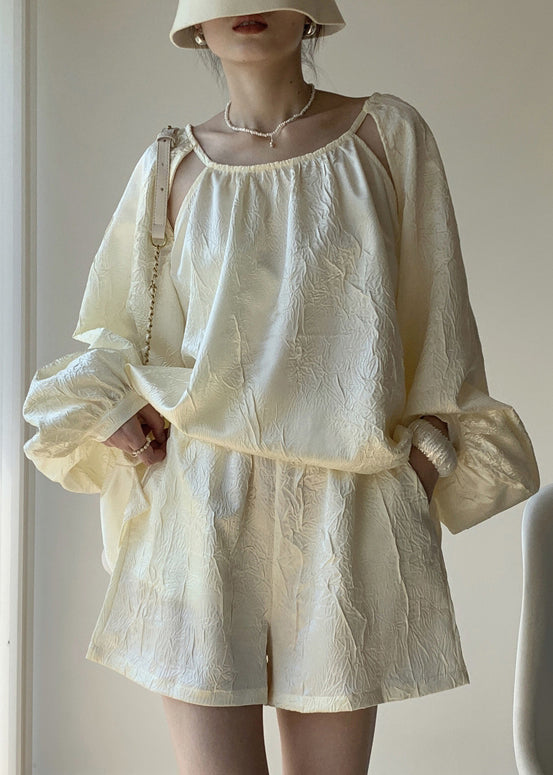 French Apricot Jacquard Off the Shoulder Cotton Two Pieces Set Summer