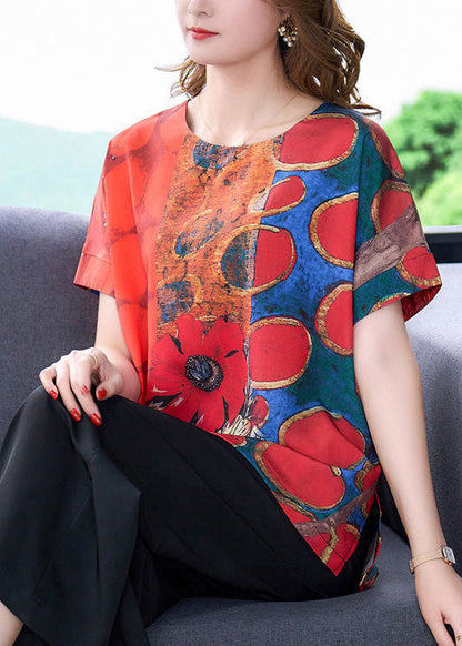 Red O-neck Print Side Open Silk Top Summer