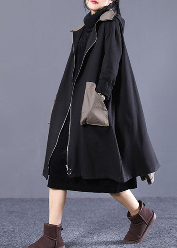 Black Hooded Zip Up Pockets Patchwork Cotton Trench Coats Outwear Fall