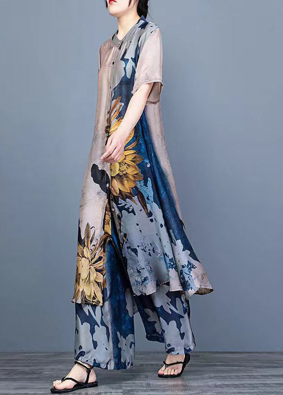 Blue Stand Collar Draping Print Silk Long Shirt and Wide Leg Pants Two Piece Suit Set Summer
