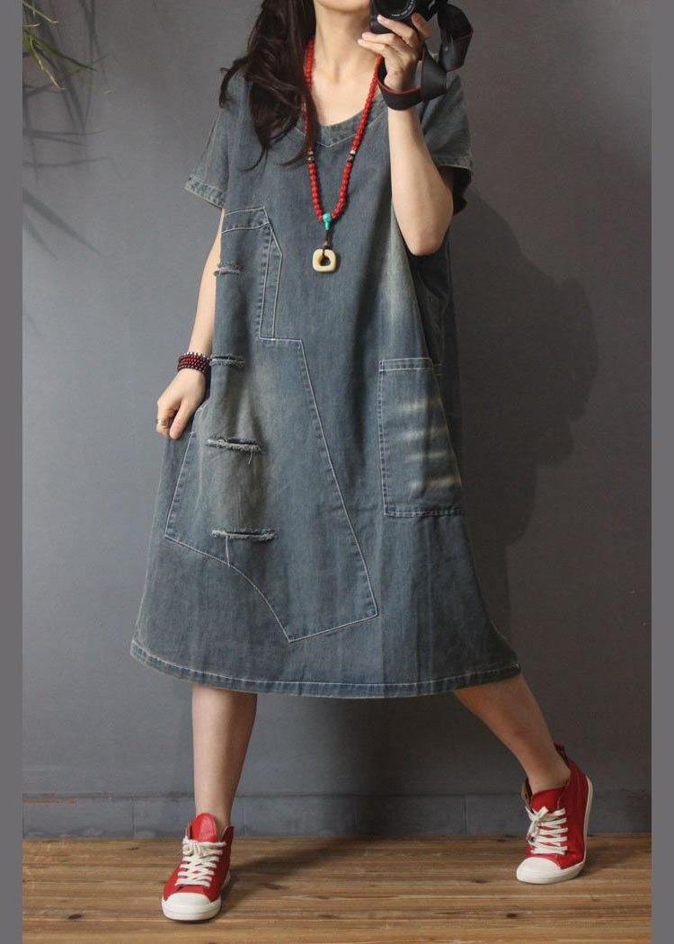 Italian Denim Hole Cotton Asymmetrical Design Summer Long Dress