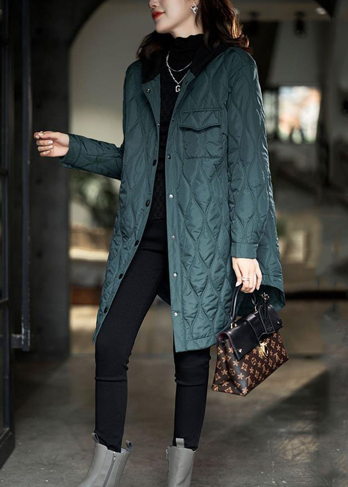Peacock Green Hooded Pockets Cotton Filled Coats Winter