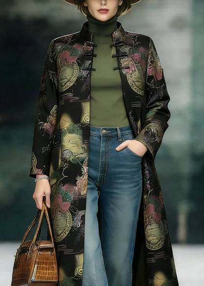 Chinese Style Stand Collar Print Oriental Button Cotton Coats Spring
