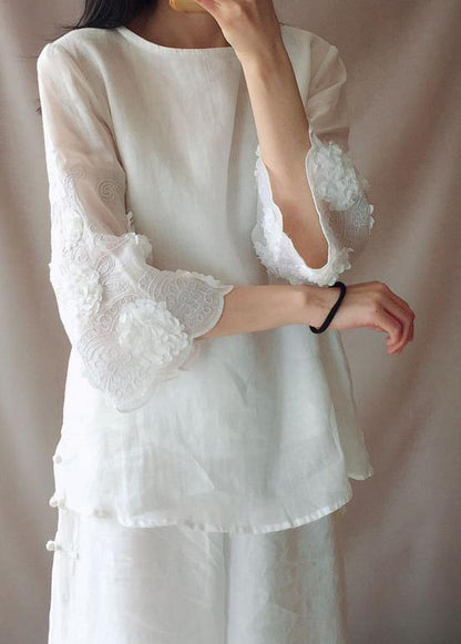 Art O Neck Petal Sleeve Tunics for Work White Shirts