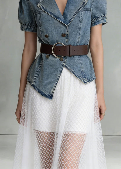 Blue Notched Asymmetrical Design Denim Shirts Summer