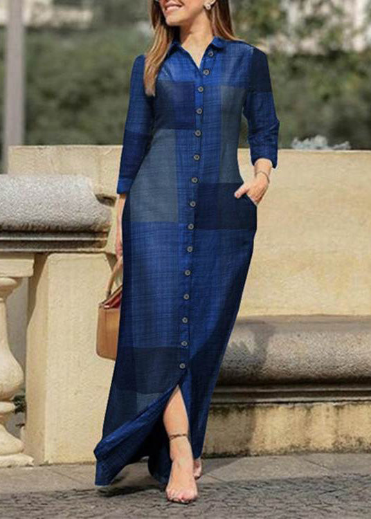 Blue Peter Pan Collar Plaid Button Maxi Shirt Dresses Spring