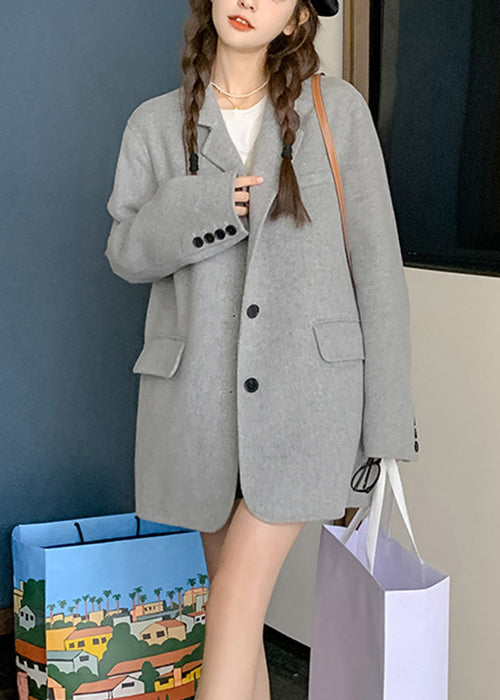 Grey Button Pockets Patchwork Woolen Two Pieces Set Fall