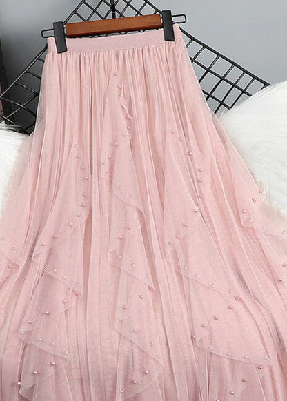 Green Nail Bead Patchwork Elastic Waist Tulle Maxi Skirt