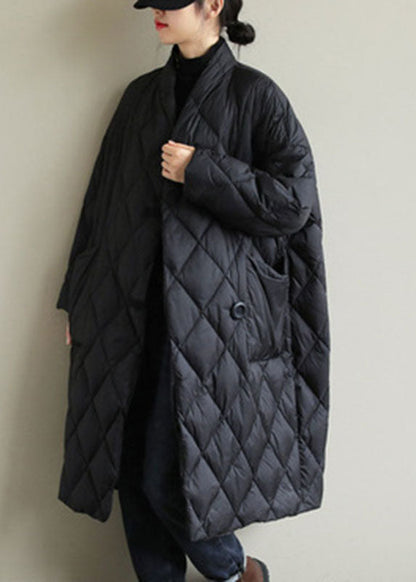 Street Black Stand Collar Button Pockets Winter Down Coat Long Sleeve Winter
