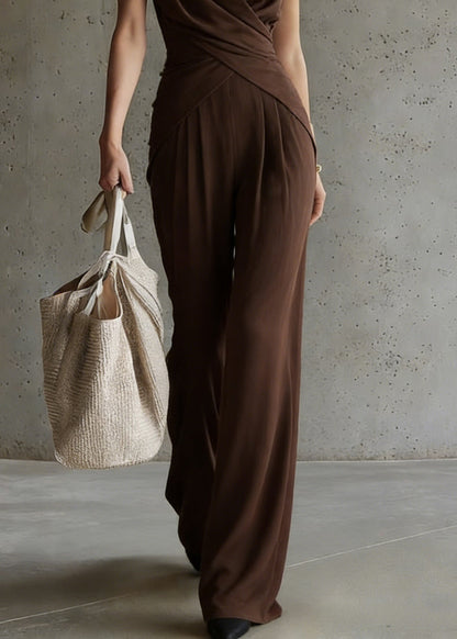 Loose Coffee Wrinkled Tops and Wide Leg Pants Silk Two-piece Set Summer