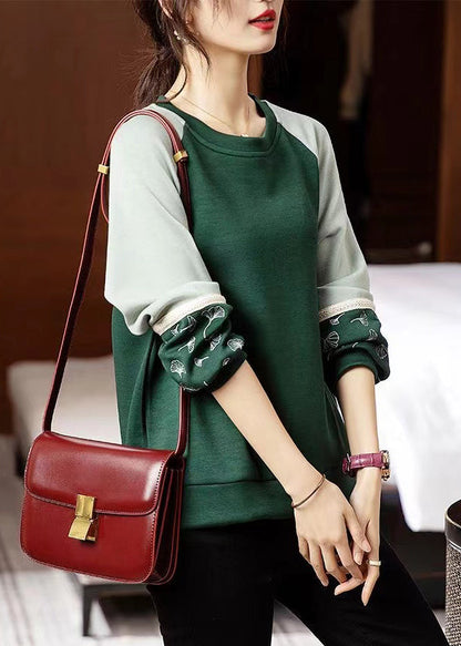 Loose Green O Neck Embroideried Patchwork Cotton Sweatshirts Fall