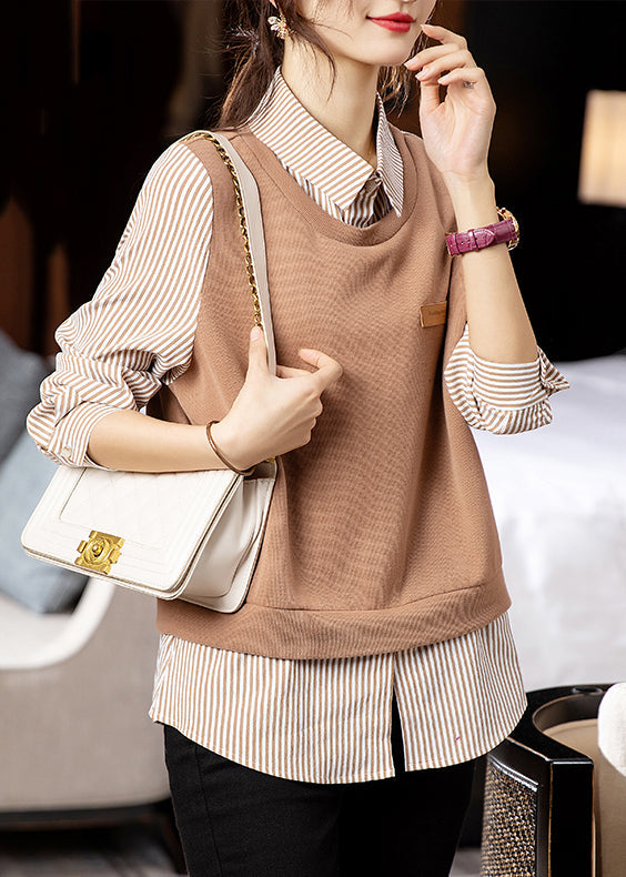 Striped Patchwork False Two Pieces Cotton Top Long Sleeve