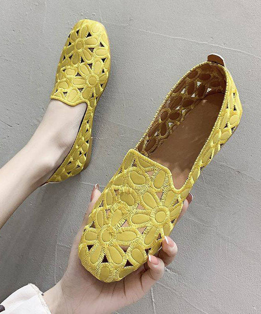 Cotton Fabric Hollow Out Embroidery Splicing Yellow Loafers for