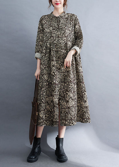 Stand Collar Button Print Patchwork Fall Maxi Dresses Long Sleeve
