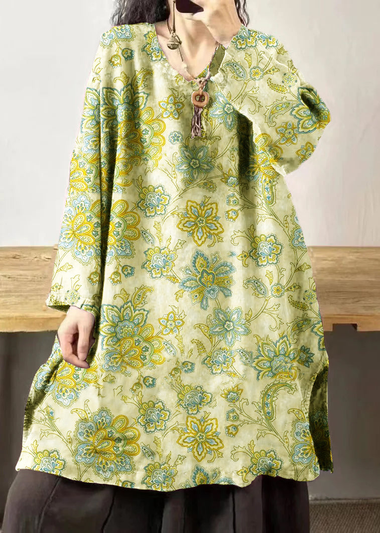 Yellow Stripes V Neck Embroidered Patchwork Linen Mid Dresses Fall