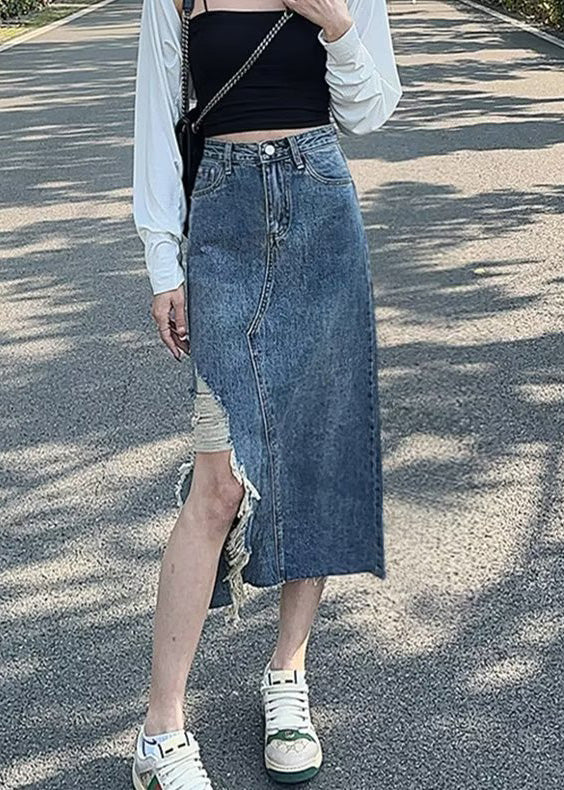 Denim Blue Asymmetrical Patchwork Pockets a Line Skirt