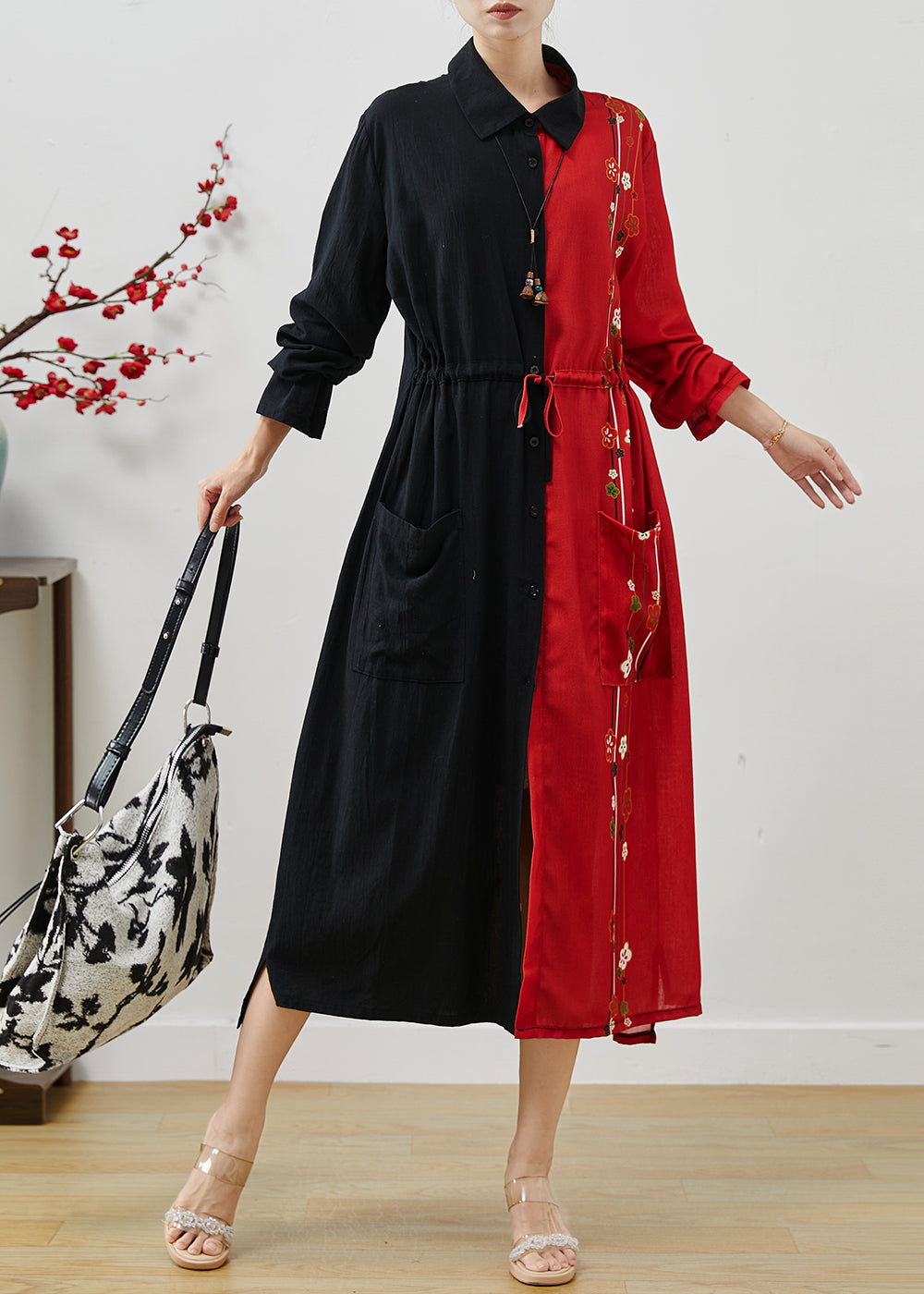 French Colorblock Cinched Patchwork Cotton Dress Spring