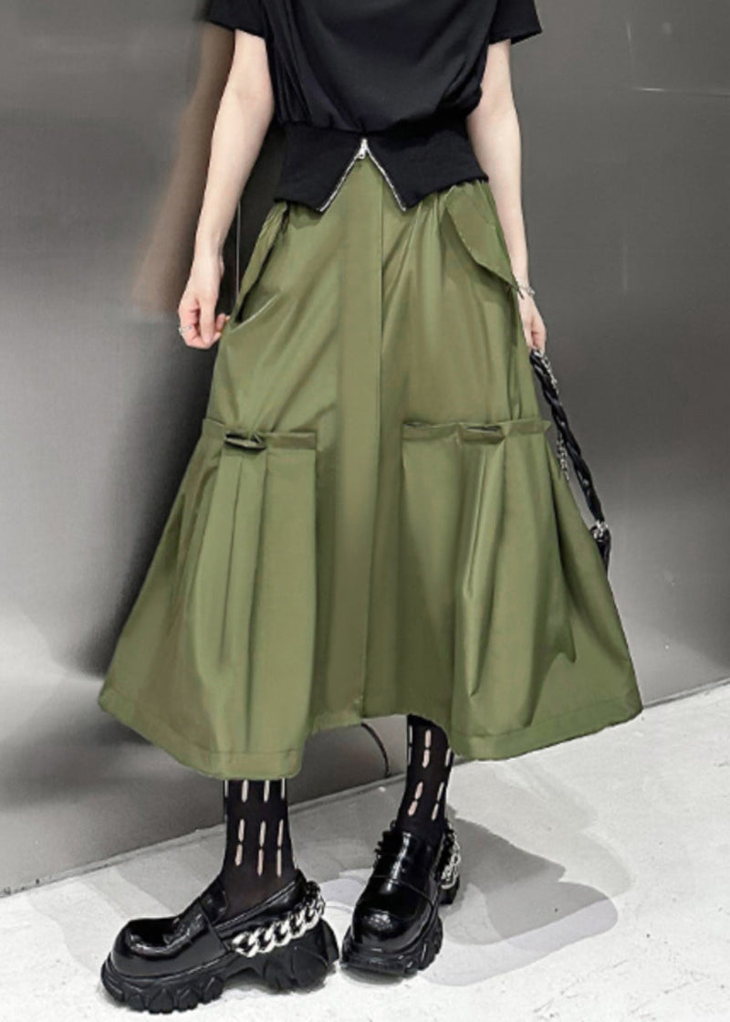 New Army Green Pockets High Waist Patchwork Cotton a Line Skirts Fall