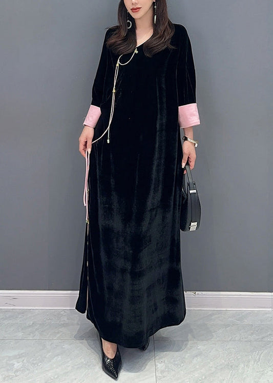 Black Lace Up Side Open Patchwork Velour Long Dress Fall
