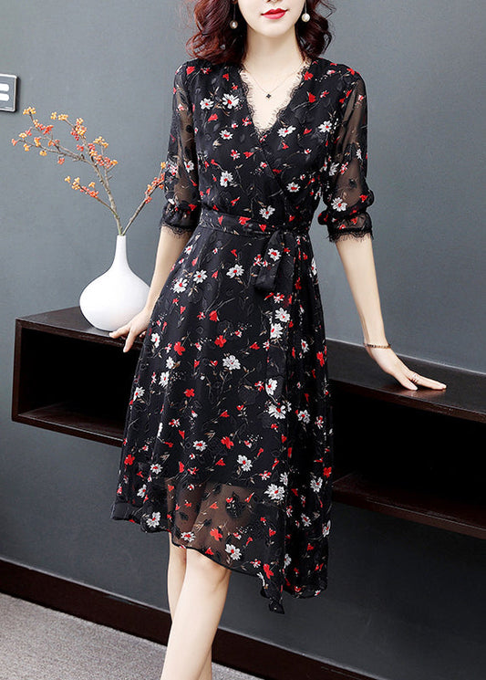 Black V Neck Tie Waist Print Chiffon Party Dress Half Sleeve