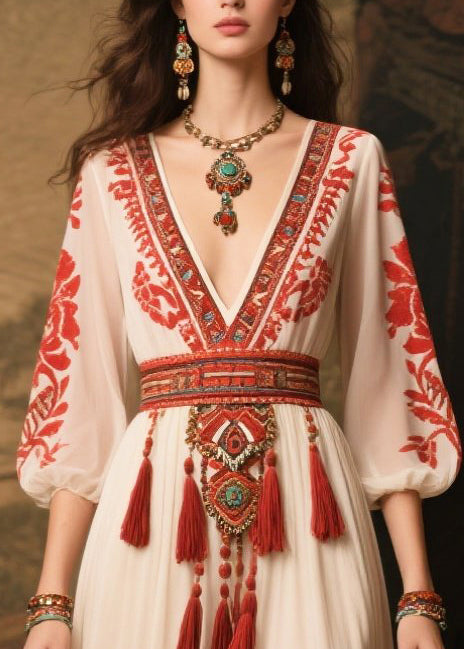 Red Tasseled Print Chiffon Dress Lantern Sleeve