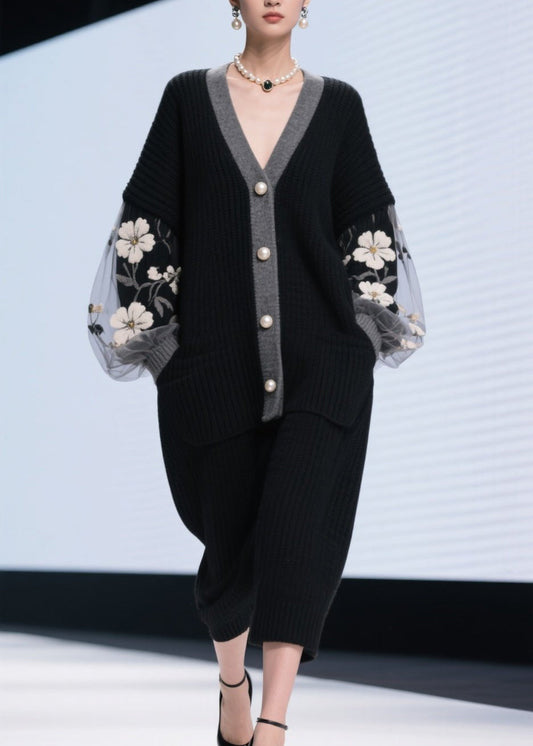 Black V Neck Tulle Patchwork Knit Cardigans Fall
