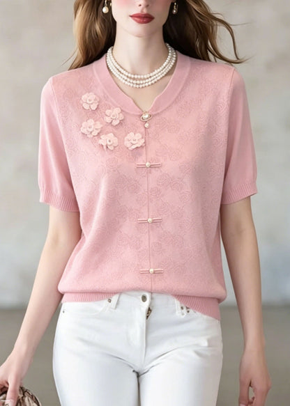 Unique Pink Jacquard Thin Knit Top Summer