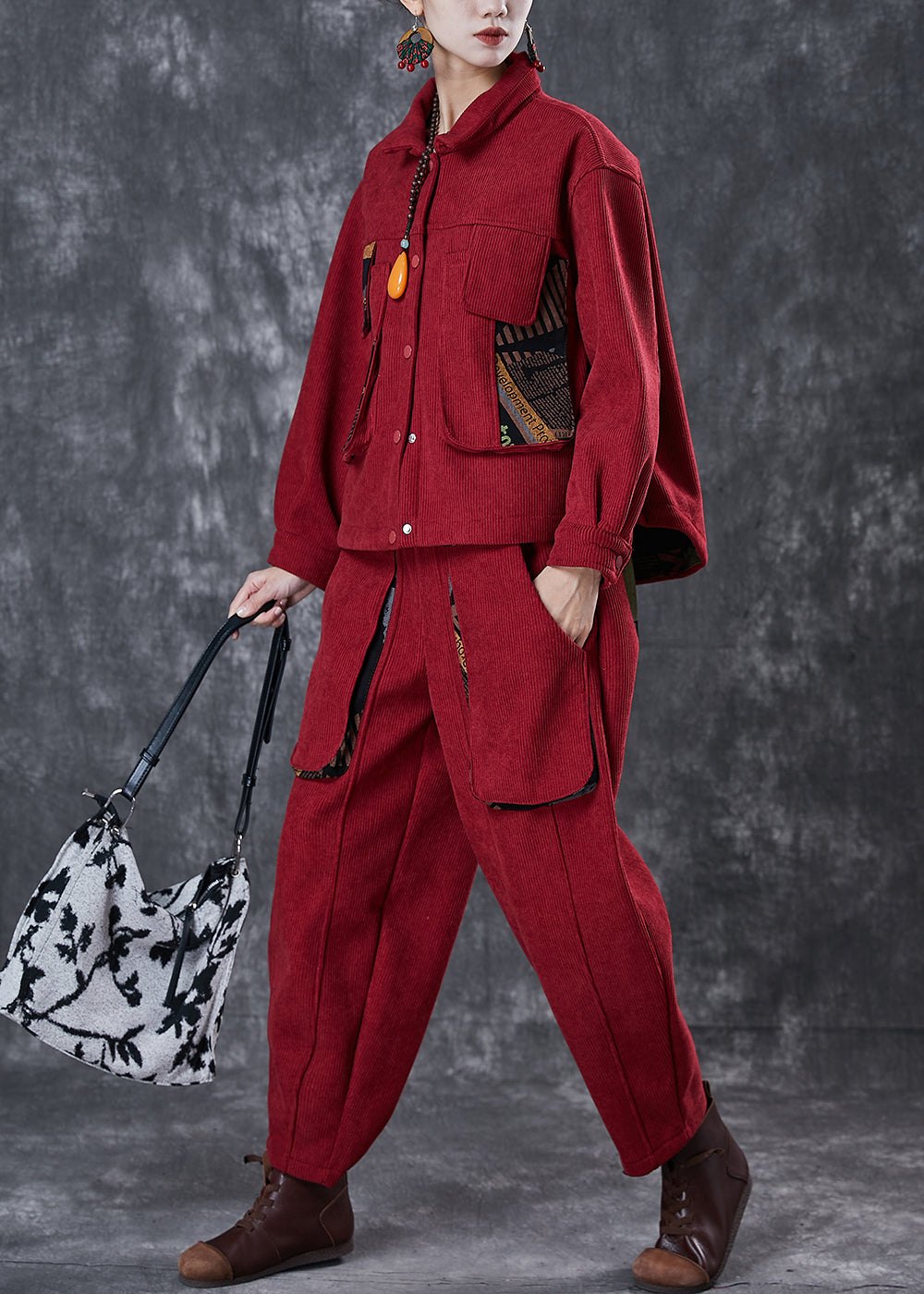 Unique Red Oversized Pockets Warm Fleece Two Piece Set Outfits Winter