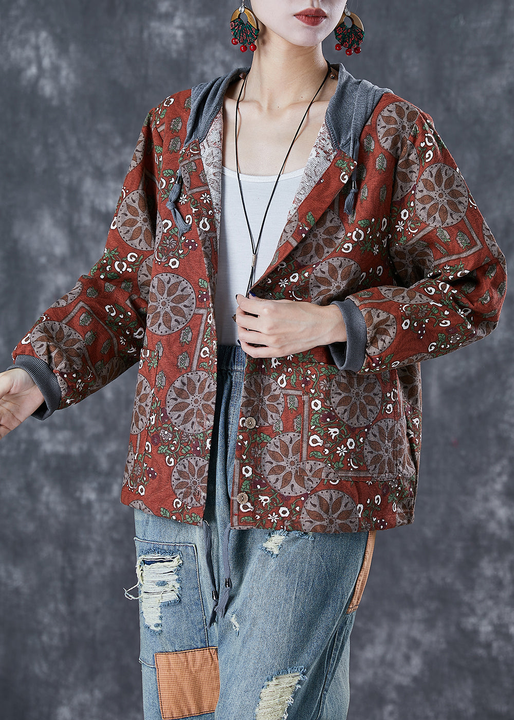 Orange Red Hooded Print Cotton Jacket Fall