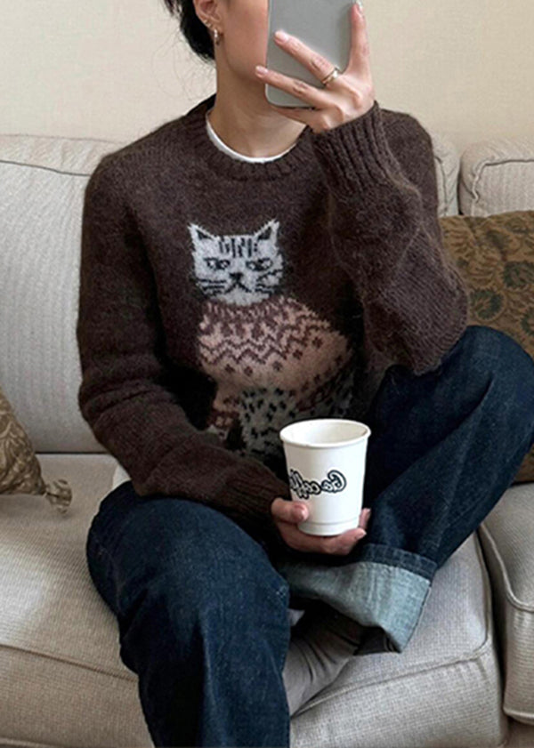 Coffee O Neck Cats Jacquard Knit Sweater Winter