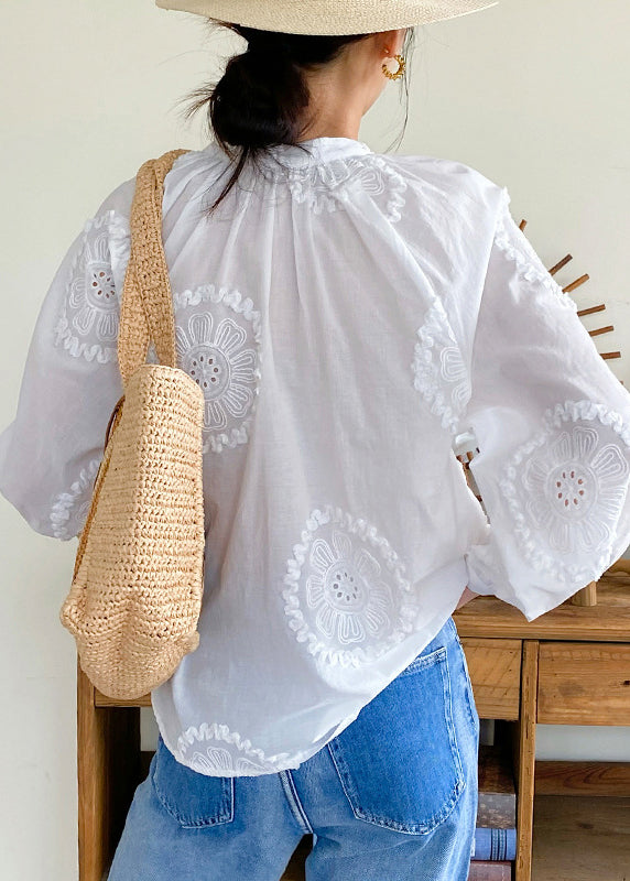 White Embroidered Hollow Out Lace Up Cotton Blouses Spring