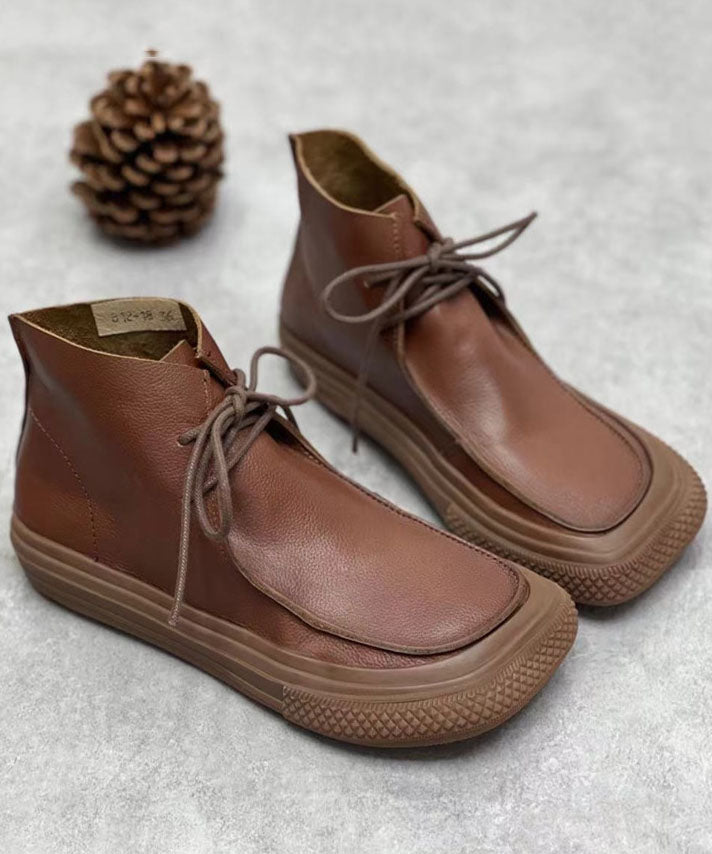 Chocolate Cowhide Leather Boots Lace Up Ankle Boots