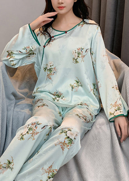 Chinese Style Beige O-neck Print Patchwork Ice Silk Two Pieces Set Long Sleeve