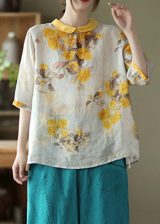 Peter Pan Collar Print Button Linen Shirt Half Sleeve