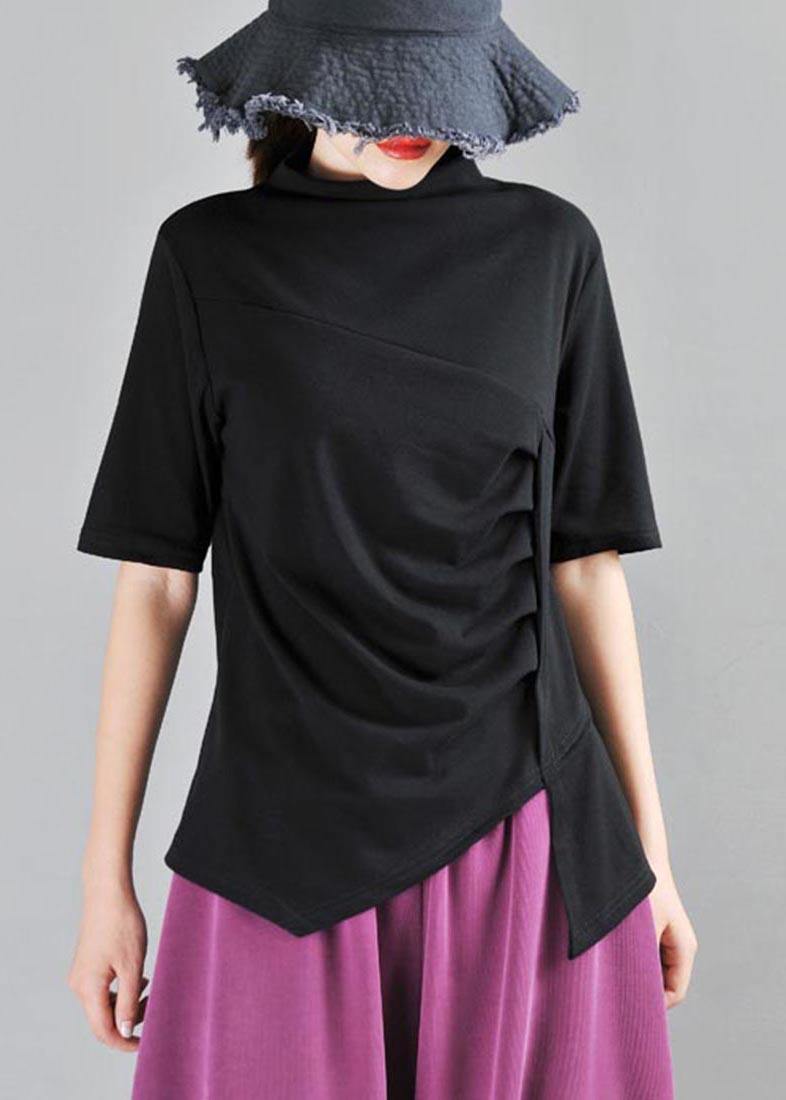 Classy Black High Neck Asymmetrical Design Cotton Tops Summer