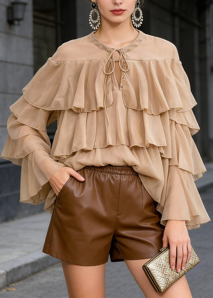 Light Brown O Neck Ruffled Patchwork Chiffon Blouses Spring